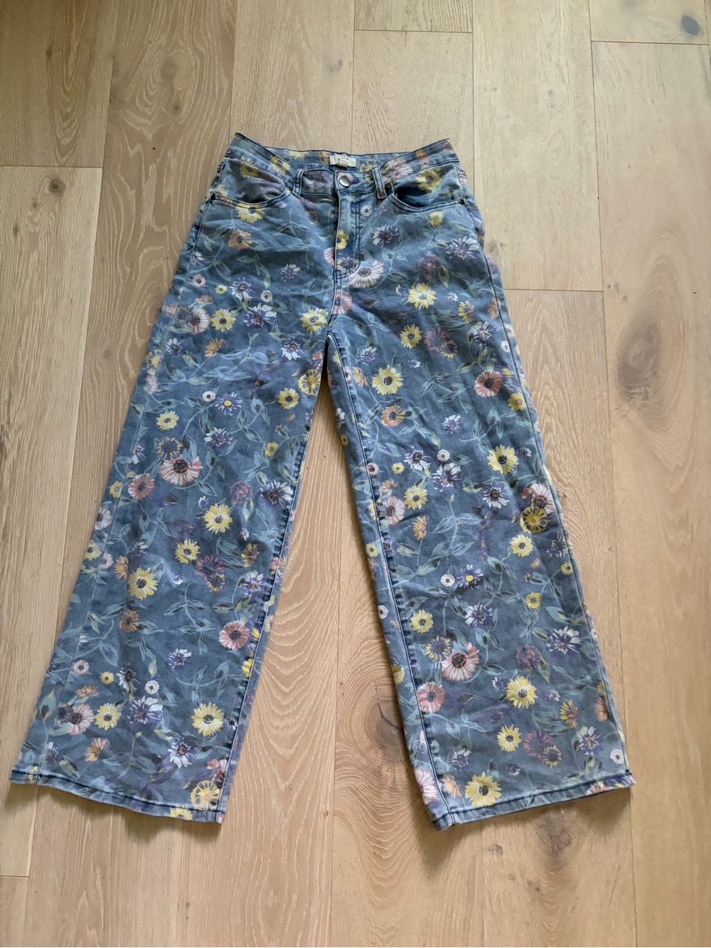 easel Blue Floral Wide-Leg Jeans with Yellow & Pink Accents